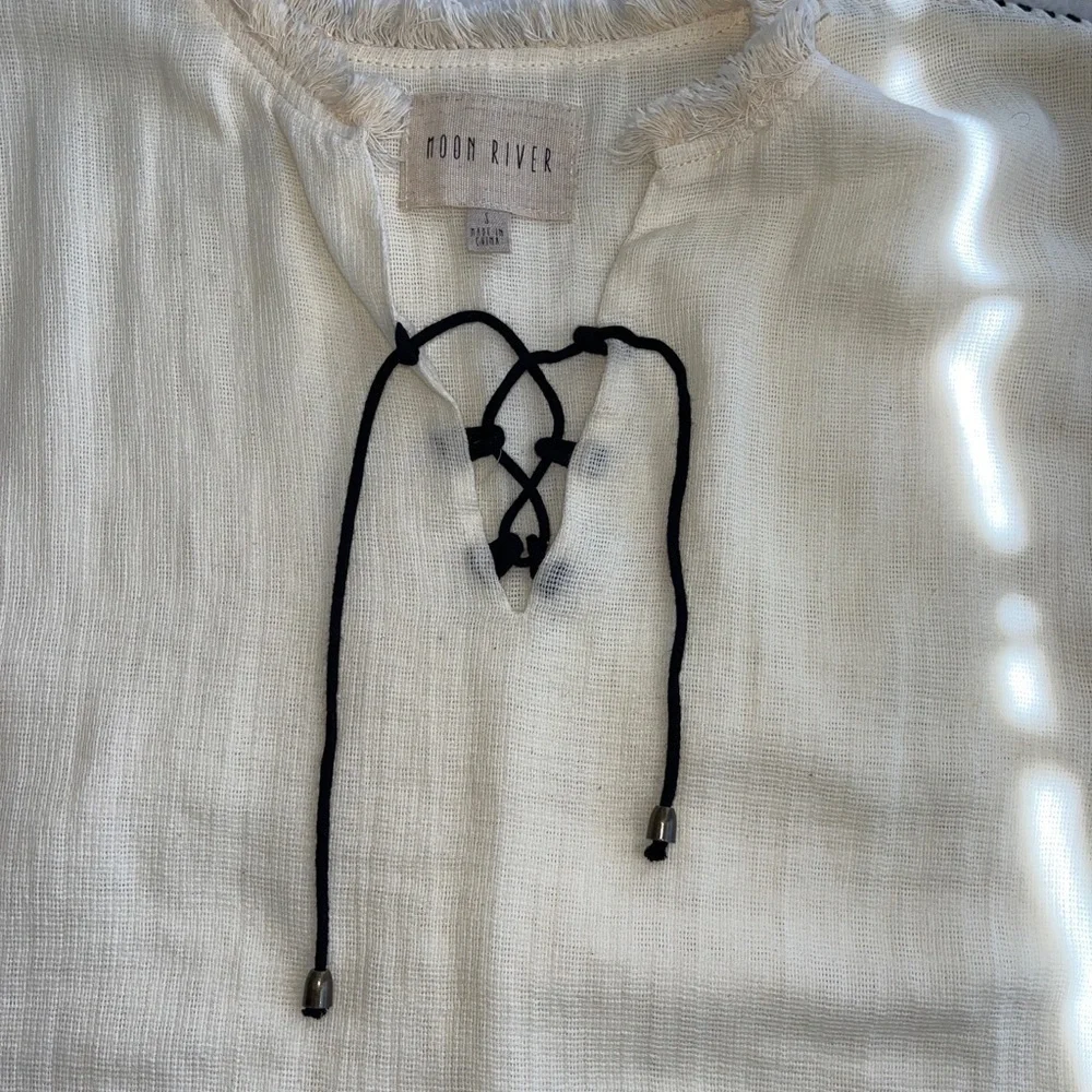 Moon River Blanket Stitch Shift Dress In Cream With Black Stitches Size Small - Picture 9 of 11